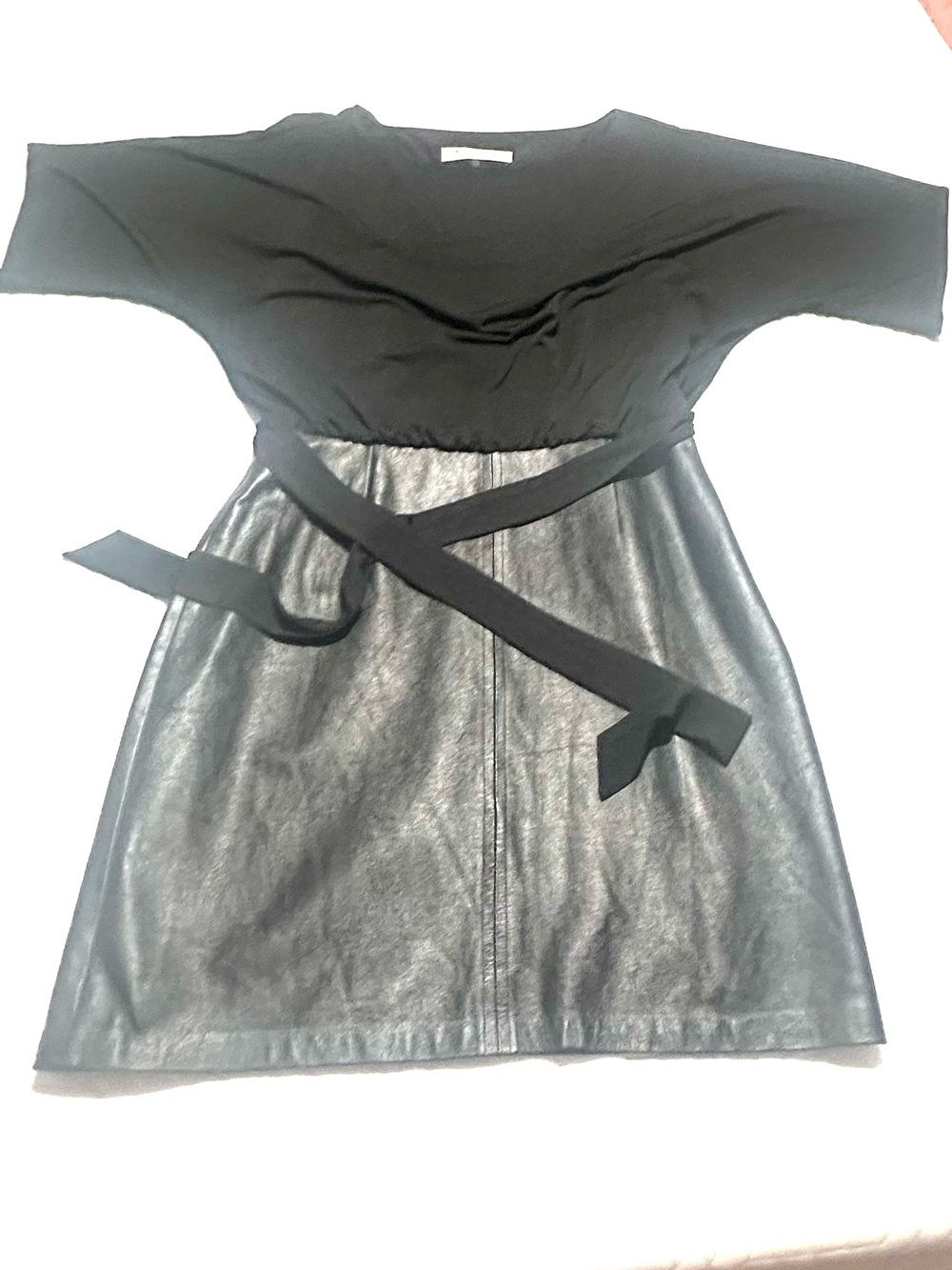 Trina Turk Black Knit Top Dress with Lamb Leather Skirt